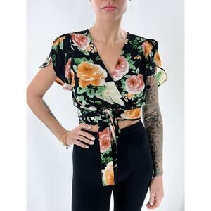 Mind Code Black Floral Wrap Short Sleeve Blouse Size Small